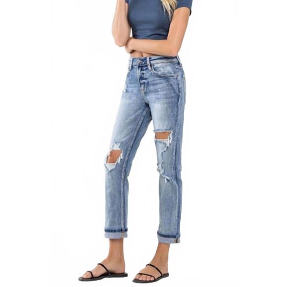 NEW VERVET BY FLYING MONKEY high rise cuffed distressed paint boyfriend jeans in - Picture 5 of 5